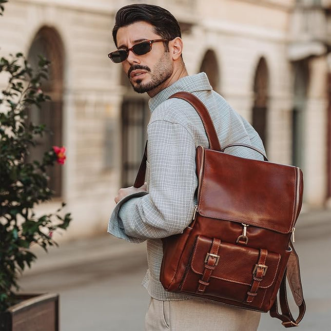 Time Resistance Leather Backpack - Laptop Travel Bag Rucksack up to 15” - Bag for Men and Women (Cognac Brown)