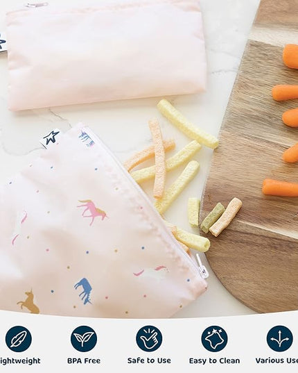 Tiny Twinkle Reusable Snack Bags for Kids – 3 Pack Snack Pouches & Sandwich Bag for Toddlers – Machine Washable, Mess-Proof for Lunch & Travel (Blue Floral)