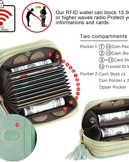 APHISON RFID Credit Card Holder Zipper Card Case Small Wallets for Women Leather Sunflower Style Ladies Girls Credit Card Case Double-Zip Peppermint-Mambo-Green