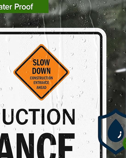 Slow Down Construction Entrance Ahead With Left Arrow Sign, 10x7 Inches, 4 Mil Vinyl Decal Stickers Weather Resistant, Made in USA by My Sign Center