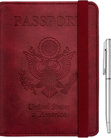 WALNEW Passport Holder for Travel, RFID Passport Cover Wallet for Women Men, PU Leather Passport Book Card Holder Case with Pen, Travelling Essentials for Flying