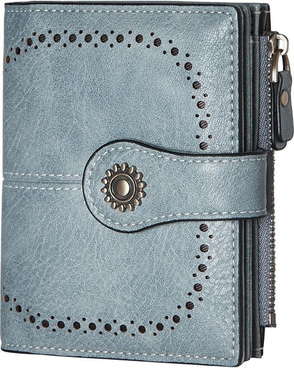 TFKGS Small RFID Blocking Wallet for Women - Leather Slim Bifold Compact Credit Card Holder With ID Window and Zipper Coin Pocket - Blue Birthday