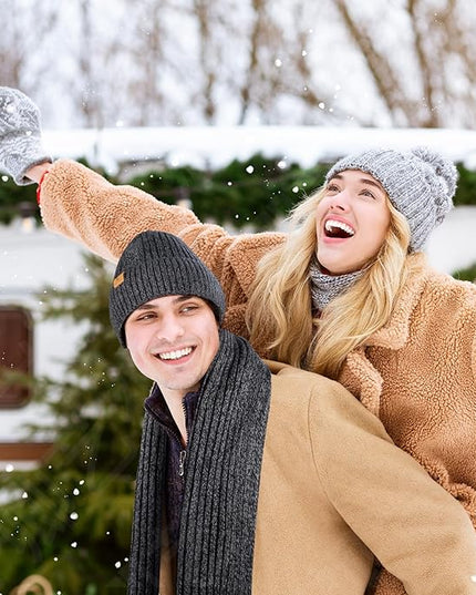 Men Women Winter Beanie Hats Scarf with Touchscreen Gloves Warm Knit Themal Gloves Long Scarf Set with Fleece Lined