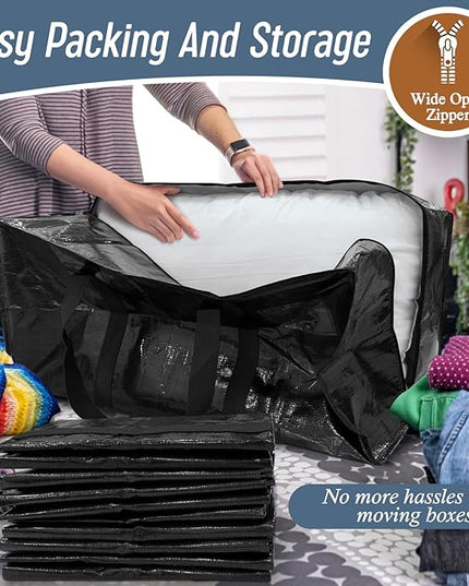 12 Pack Extra Heavy Duty Large Moving Bags with Strong Zipper & Comfortable Handles, Sturdy & Durable Clothes Storage Bags Totes Bins, Packing Moving Boxes for College Supplies, Black