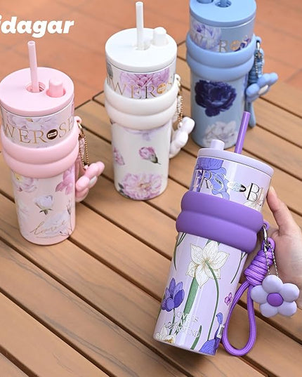 24 oz Stainless Steel Tumbler with Lid and Straw, Insulated Coffee Mug, Leak Proof, Portable Iced Travel Water Bottle, Reusable Thermal Coffee Cup, Floral White