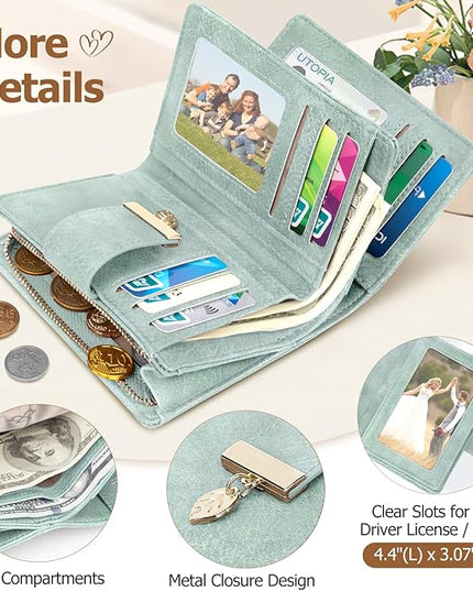 HUANLANG Small Women's Wallet Rfid Blocking Leather Bifold Credit Card Holder Ladies Wallet Zipper Pocket with ID Window