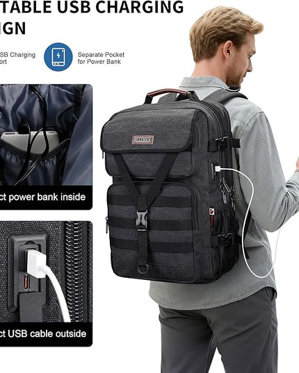 WITZMAN Travel Backpack for Men Large Canvas Laptop Backpack Fit 16 inch Carry on TSA Friendly Flight Approved Vintage Rucksack for Traveling(A8012 Black)