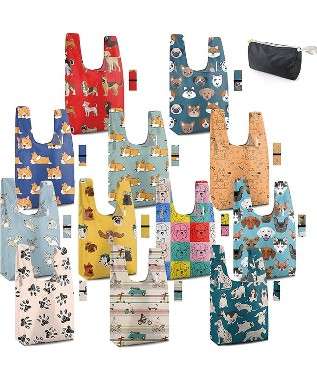 BeeGreen Animal Reusable Grocery Tote Bags 12 Pack, Heavy Duty Large Capacity Reusable Shopping Bags, Sturdy Machine Washable Foldable Bag for Travel Beach Storage Holiday Gift Bag with Handles