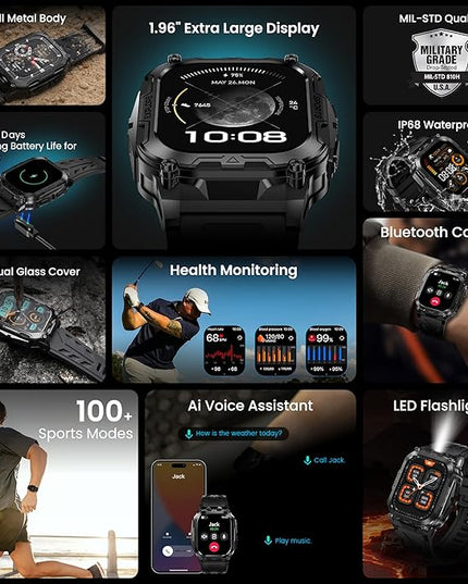 AMAZTIM Smart Watch for Men, 130 Days Extra-Long Battery, 1.96" Full Metal Rugged Military Watch, 50M Waterproof, Flashlight, 24/7 Heart Rate Sleep Monitor, Answer/Dial Calls, for Android & iOS