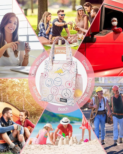 Fmeida Insulated Lunch Bag Women, 6.75L Small Lunch Bags with Multiple Pockets, Reusable Thermal Cooler Tote for Work, Office, Picnic, Travel | Hook and Loop Closure, Smile Face