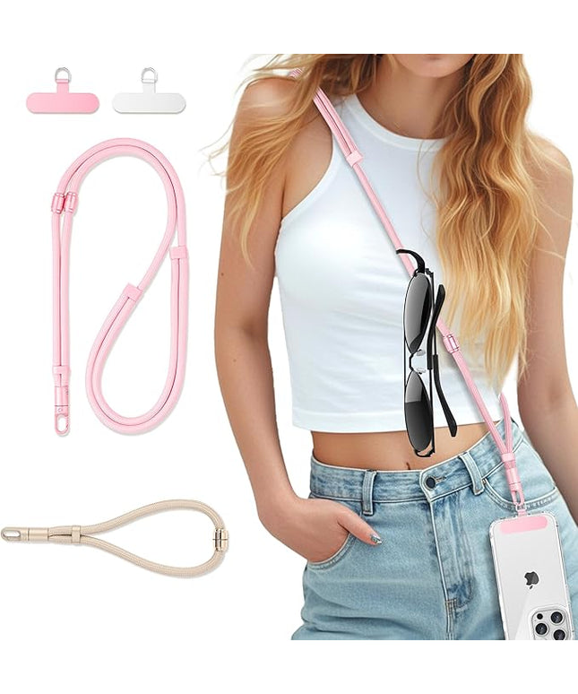 3-in-1 Cell Phone Lanyard 1 Pack + Wrist Strap 1 Pack - Convertible Crossbody Strap with Locking Knob Friendly, Adjustable Neck Lanyard for Gym/Work/Travel Essentials(Pink)
