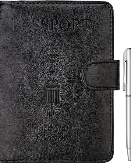 WALNEW Passport Holder for Travel, RFID Passport Cover Wallet for Women Men, PU Leather Passport Book Card Holder Case with Pen (Buckle Closure, Buckle-Black)