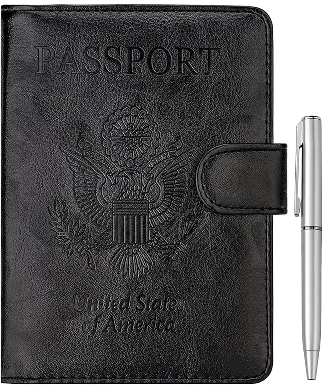 WALNEW Passport Holder for Travel, RFID Passport Cover Wallet for Women Men, PU Leather Passport Book Card Holder Case with Pen (Buckle Closure, Buckle-Black)
