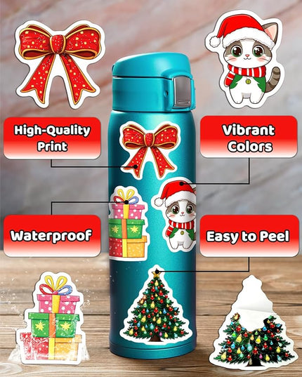 100PCS Christmas Stickers, Non-Repeating Vinyl Waterproof Holiday Stickers, Christmas Party Favors, Stocking Stuffers for Kids Toddlers Teens Boys Girls, Activities, Gifts, Toys, Goodie Bag Stuffers