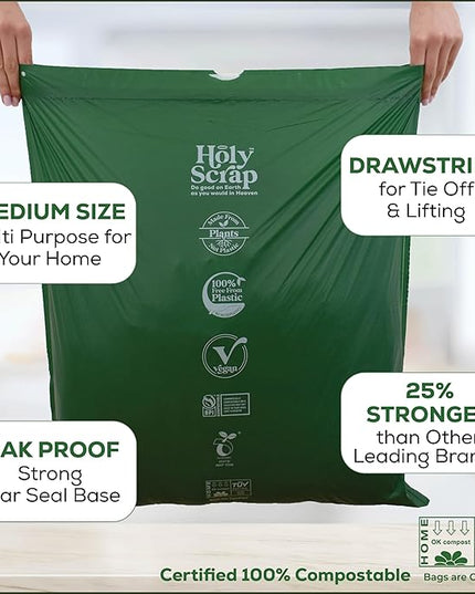 Medium Compostable Drawstring Trash Bags - 6-8 Gallon, 45 Pack | Plastic-Free Kitchen & Bathroom Garbage Bags with Drawstring Handles | Thick Bin Bag Liners for Green & Food Waste