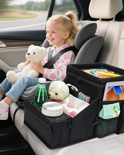 Car Seat Organizer, Backseat Car Organizer with Cup Holder Tray and Storages for Kids and Adults, Portable Travel Cooler for Car for Front or Back Seat Passenger Organizer Ccompartment (Black)