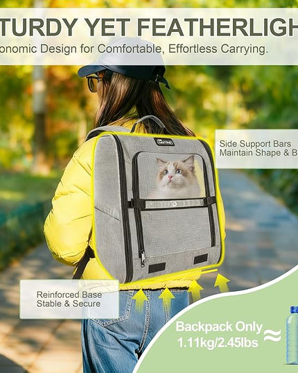Pet Backpack Carrier for Small Dogs and Cats, Comfortable Portable Cat Bag for Travel Use with Ventilated Mesh, Safety Strap, and Easy-Clean Waterproof Fabric, Grey