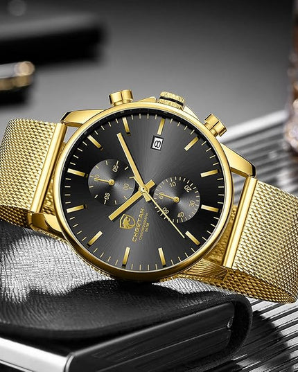 GOLDEN HOUR Mens Watch Fashion Sleek Minimalist Quartz Analog Mesh Stainless Steel Waterproof Chronograph Watches for Men with Auto Date