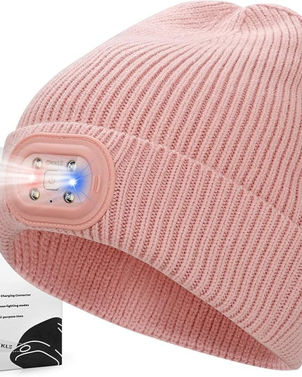 OKKLE Unisex LED Beanie with Light, USB Rechargeable Headlamp Hat, Winter Gifts for Men Women Husband Him Pink