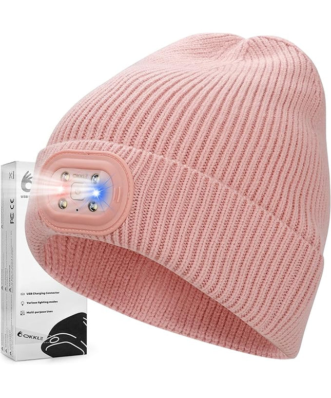 OKKLE Unisex LED Beanie with Light, USB Rechargeable Headlamp Hat, Winter Gifts for Men Women Husband Him Pink