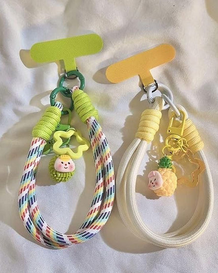 Dopamine Vibes Universal Wrist Strap - Korean-Style Short Phone Lanyard with Cute Green Durain Charm, 7mm Rope, Trendy Anti-Theft Tether for Girls, Includes Pendant & Nylon Phone Tab