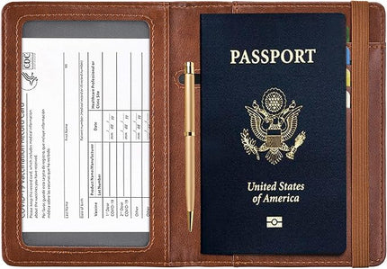 HerriaT Passport and Vaccine Card Holder Combo,Cover Case with CDC Vaccination Card Slot, Leather Travel Documents Organizer Protector, with RFID Blocking, for Women and Men
