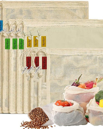 Reusable Produce Bags - Organic Cotton Mesh Bags with Drawstring for Onions, Vegetables & Fruit (12 Pack)