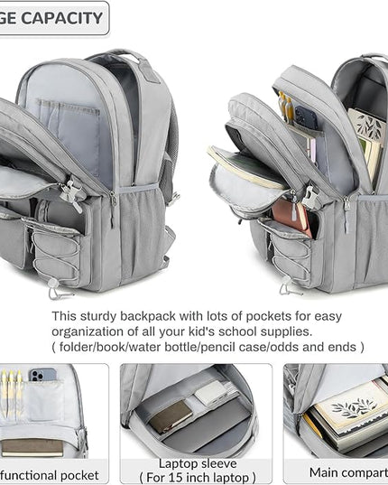 Lohol Water Resistant Daypack with Mulitiple Pockets for School Travel Outdoor College, 15.6 inch Laptop Backpack for Men and Women (Grey)