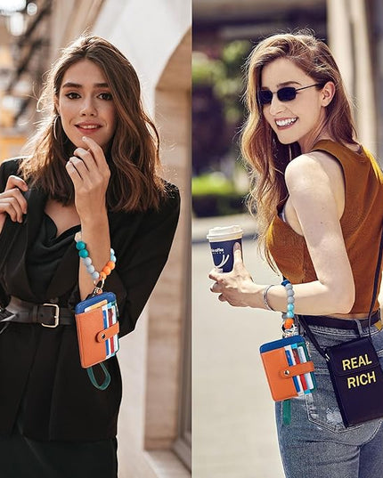 Keychain Wallet with Bracelet RFID Blocking Wristlet Credit Purse Card Holder, Silicone Bead Tassel Key Ring for Women