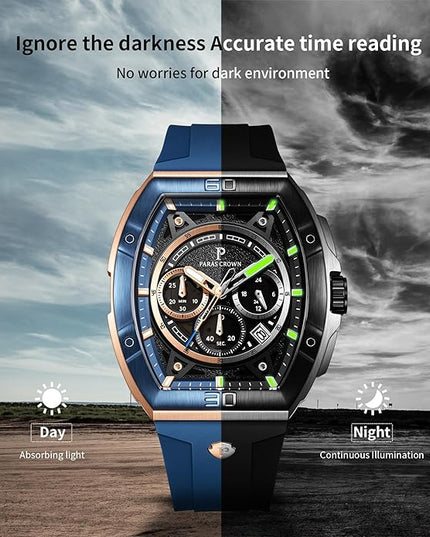 Paras Crown Watches for Men Tonneau 5ATM Waterproof Quartz Luxury Chronograph Analog Men's Wrist Watches Stainless Steel Case Mens Watches
