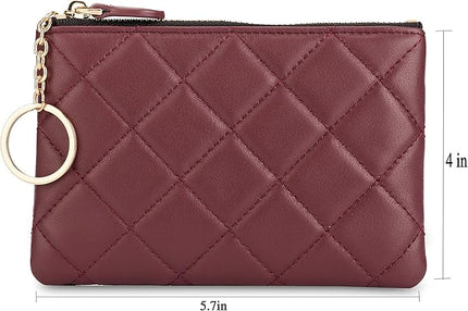 DORIS&JACKY Soft Lambskin Leather Coin Purse Small Quilted RFID Blocking Top Zipper Wallet With Key Chain