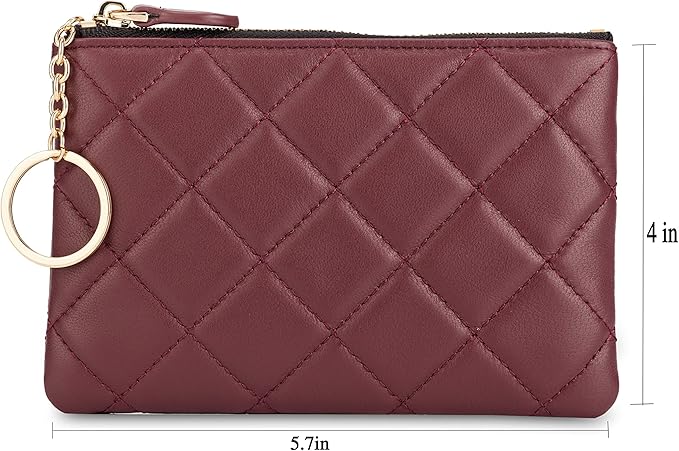 DORIS&JACKY Soft Lambskin Leather Coin Purse Small Quilted RFID Blocking Top Zipper Wallet With Key Chain