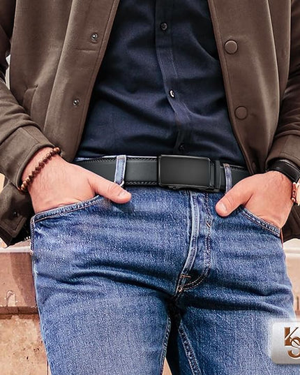 KEMISANT Men Belt 2 Pack, Leather Ratchet Belt Easy Click Slide For Men 1 3/8",Cut for Fit