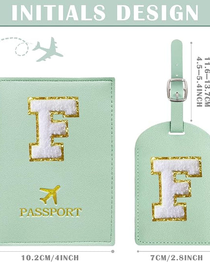 COSHAYSOO Green Passport Cover and Luggage Tag Set TSA Approved with Her Initial Chenille Letter Patch, Monogrammed Travel Bag Backpack Suitcase Identifier Gifts for Mom Women Teacher (F)