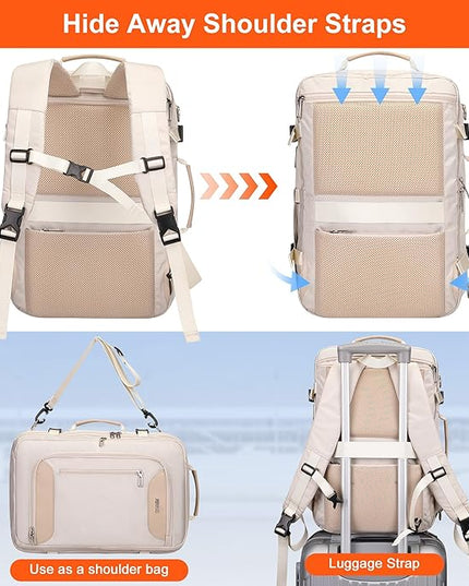 PIJUSHI Travel Backpack for Women Flight Approved Carry on Bag 16 inch Laptop Personal Item Daypack with Shoe Compartment(PE038 Beige)