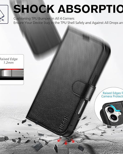 TUCCH Wallet Case for iPhone 16, Kickstand [RFID Blocking] 4 Card Slots [Protective TPU Interior Case], PU Leather Magnetic Shockproof Flip Cover Compatible with iPhone 16, Textured Black