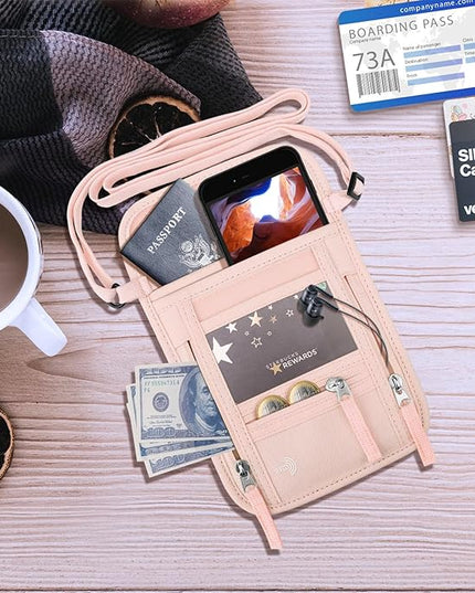 WALNEW Passport Holder Neck Pouch Travel Wallet for Women and Men, RFID Blocking Security Slim Traveling Wallet with Around Neck Lanyard Strap