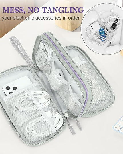 FYY Electronic Organizer, Travel Cable Organizer Bag Pouch Electronic Accessories Carry Case Portable Waterproof Double Layers Storage Bag for Cable, Charger, Phone, Medium Size, Light Purple