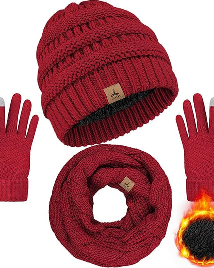 Winter Beanie Hat Scarf Gloves, Warm Fleece Knit Hats Touch Screen Gloves Neck Scarf Set Winter Gifts for Unisex Adult