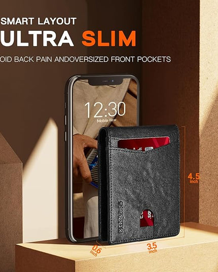 RUNBOX Wallet for Men Slim Leather Bifold RFID Blocking Minimalist Front Pocket Design with Gift Box