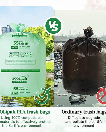 ECOLipak 55 Gallon Compostable Trash Bags, 12 Count Heavy Duty Extra Thick 1.57 Mil, 208.2 Liter Large Garbage Bags for Commercial/Lawn/Yard/Restaurant, US BPI ASTM D6400 and OK Compost Home Certified