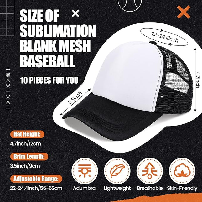 10 Pcs Sublimation Blank Trucker Hats Bulk Mesh Baseball Cap Polyester Mesh Trucker Hat for Men and Women