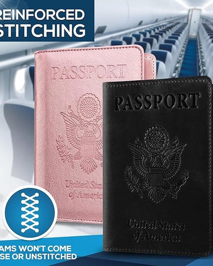 Ciana Passport Holder for Travel – PU Leather Passport Cover and Card Holder for Men & Women – Slim Passport Holder with Card Protector Slot, Travel Must Haves (Black & Pink)