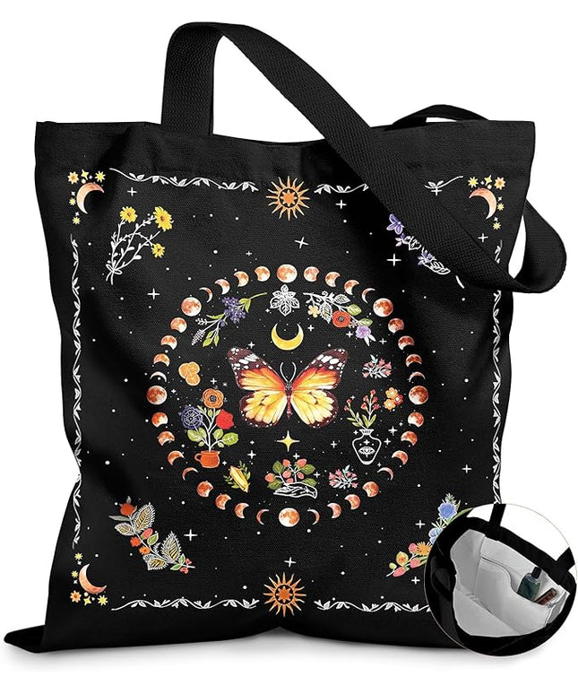 Canvas Tote Bag with Pockets - Aesthetic Reusable Totes for Women Ladies Cute Printed Cloths Canvas Shoulder Bag