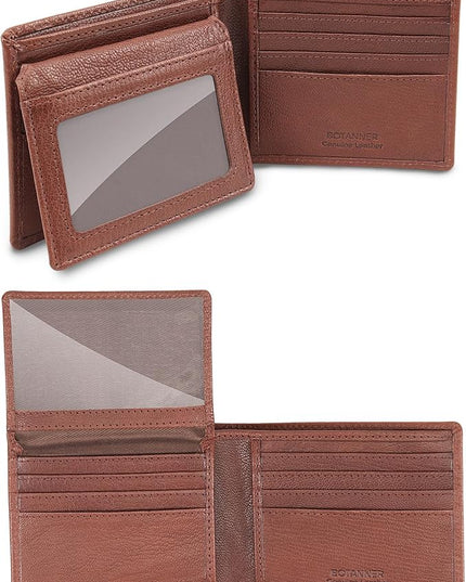 BOTANNER Genuine Leather Mens Bifold Flip ID Wallet RFID Blocking 8 Credit Card Slots 2 ID Window 2 Sections for Bills 3 Additional Slots | Choco