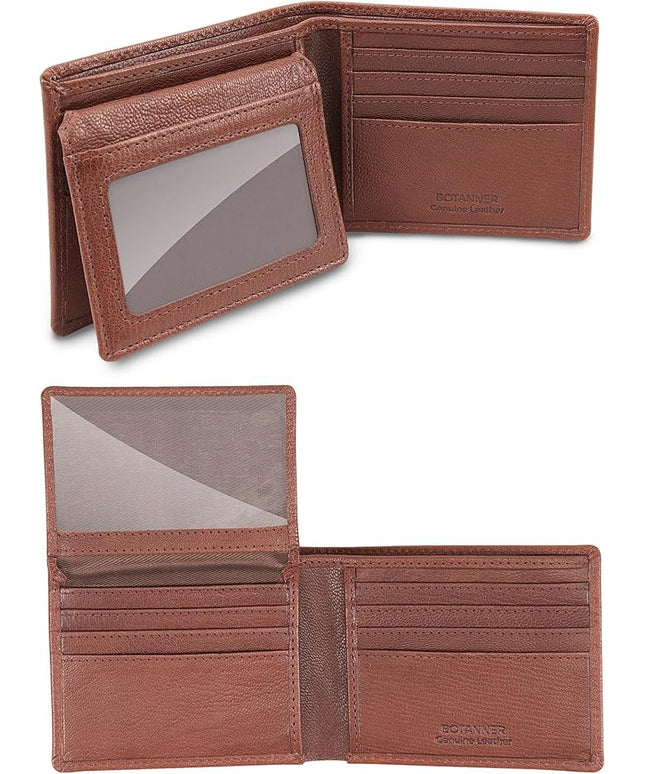 BOTANNER Genuine Leather Mens Bifold Flip ID Wallet RFID Blocking 8 Credit Card Slots 2 ID Window 2 Sections for Bills 3 Additional Slots | Choco