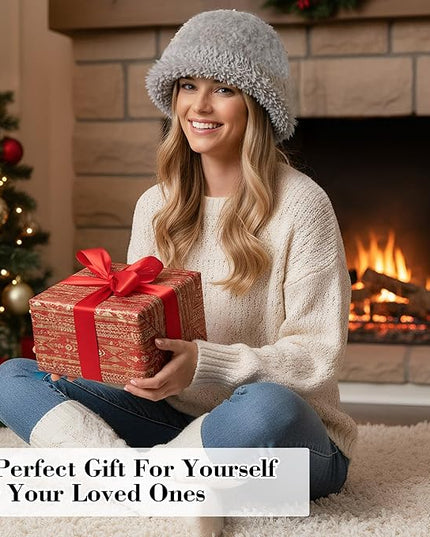 YI HENG MEI Women Knit Bucket Hat, Fluffy Winter Fisherman Hat Fuzzy Soft Warm Beanie Caps Women Cloche Caps Warm Bowler Hats