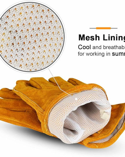 OZERO Leather Work Gloves Flex Grip Tough Cowhide Gardening Glove for Men and Women (Gold With Mesh Lining (1 Pair), X-Large)