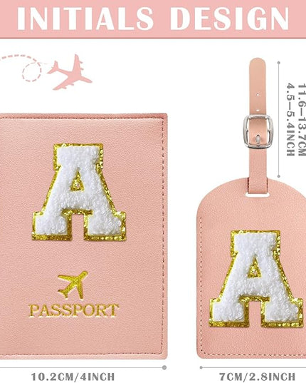 COSHAYSOO Pink Passport Cover Book Holder Travel Luggage Tag Set for Women Teen Girls with Initial Monogram Letter, Cute Airplane Essentials Personalized Cruise Accessories Trip Favor Gifts A
