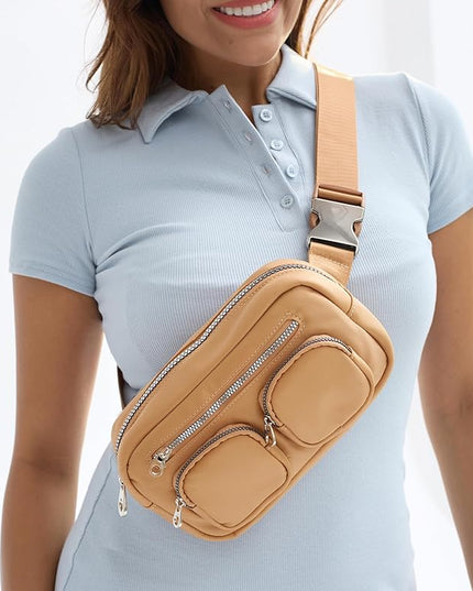 Women's Zipper Pockets Fanny Packs Nylon Waist bag Everywhere Belt bag (Tan)
